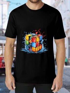 Men's Black Short Sleeve T-Shirt with Colorful Rubik Cube Graphic